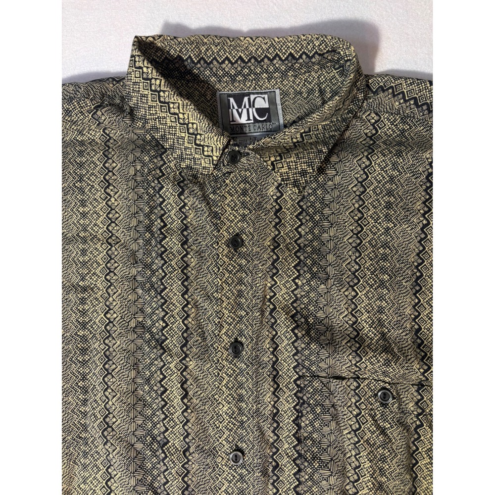 Vintage Monte Carlo Mens Large Tall Rayon Geometric Tribal Print Shirt Tan Black
